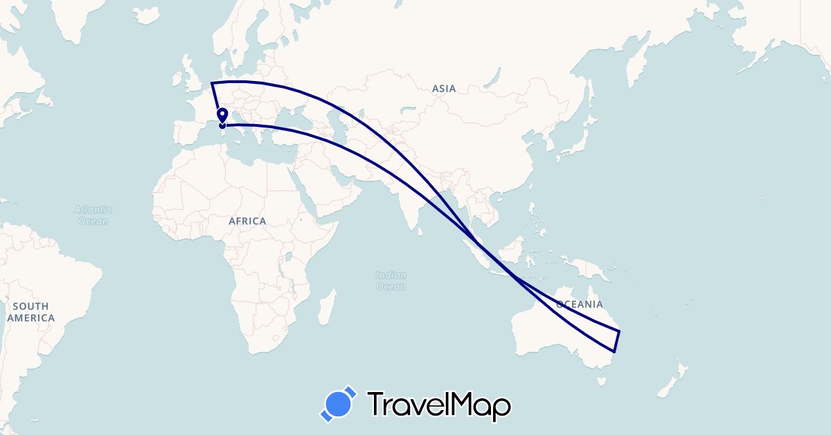 TravelMap itinerary: driving in Australia, France, Indonesia, Malaysia, Netherlands (Asia, Europe, Oceania)